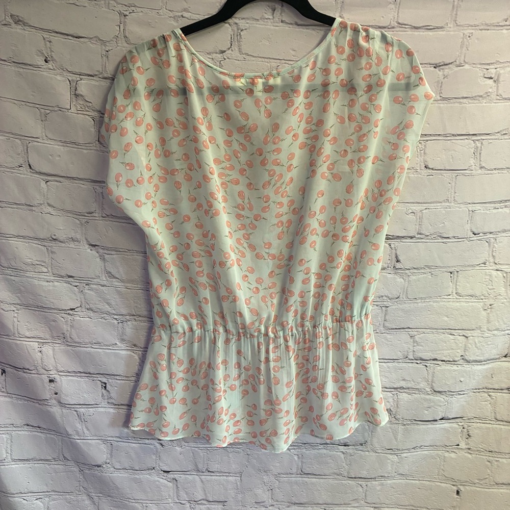 Daniel Rainn Women's Novelty‎ Print Peplum Cap Sleeve Sheer Flowy Top Sz M GUC